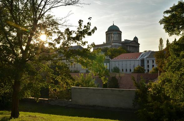 View of the Esztergom cathedral with green gardens in the forefront.