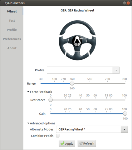 🕶️ A UI view with 5 tabs (Wheel, Test, Profile, Preferences, About) on the left. The “Wheel” tab is activated, showing a steering wheel (the G29) and underneath a drop-down box (empty) for selecting a profile, 3 settings in the form of sliders (Range, Force Feedback, Gain) and an Advanced options area with underneath “Alternate Modes” and a drop-down box on which “G29 Racing Wheel” is selected, a “Combine Pedals” checkbox (unchecked) and 2 Apply and Refresh buttons.

📚️ pyLinuxWheel is a libre graphical interface for configuring different Logitech steering wheel models (Driving Force (EX, RX, Pro, GT), G25, G27, G29, G920, Logitech Racing Wheel USB, WingMan Formula (Yellow, GP, Force GP) and MOMO (Force, Racing)). Its features include wheel range modification, rotation resistance, force feedback, pedal combination (for older games that don't support separate axes for acceleration and braking), alternative modes (for emulating other Logitech models), profiles, and udev auto-install rules. What's more, its interface is auto-adaptive (activating only supported options) and translated into 4 languages.