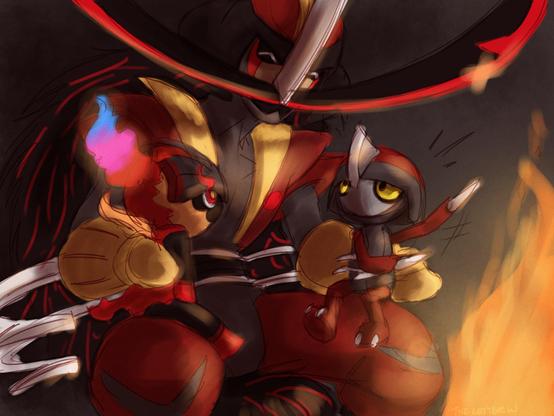 A happy Kingambit with a Charcadet on his right knee and a Pawniard on his left. He's supporting both of them with a hand on their back. Pawniard is waving their arms around excitedly, while Charcadet looks up at Kingambit with wonder.