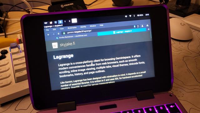 The MNT Pocket Reform (a 7" mini laptop running Linux), running the Lagrange Gemini client. It's displaying the skyjake.fi capsule