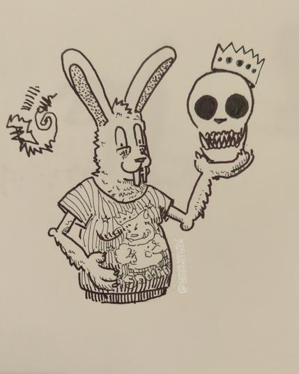 Black Fineliner on paper


Sketch of a smiling bunny (upper half of the bunny is shown) with darkish circles under the eyes, holding a crowned skull that has sharp shank teeth in one hand. The Bunny wears a shirt with a muscle-packed being wearing a crown, that has sharp shank teeth, under it is written "SOOOPER".