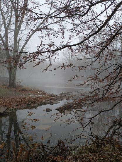 Foggy morning on the Cuyahoga River in Cuyahoga Falls Ohio