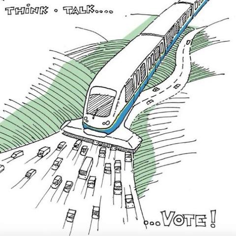Drawing of a skytrain modified to look like a vacuum cleaner sucking up car traffic