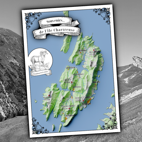 carte postale comportant illustrée par une carte géographique du massif de la Chartreuse, France, mais avec un niveau de la mer mille mètres au-dessus du niveau réel.