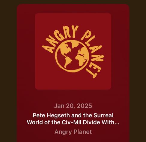 The image features a red background with a yellow logo that reads "ANGRY PLANET." Below the logo, there is a date, "Jan 20, 2025," followed by a title mentioning "Pete Hegseth" and a
