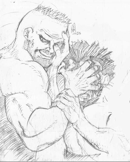 Um desenho a lápis mostra dois homens musculosos envolvidos em uma luta ou. Um homem maior e mais forte está segurando o outro homem com força, com uma mão na face do outro homem e olha na direção do espectador com um sorriso debochado enquanto o outro homem parece estar em sofrimento ou em defesa. Os homens são detalhados e musculosos, e a cena é intensa e dinâmica. O estilo do desenho é cru e expressivo.