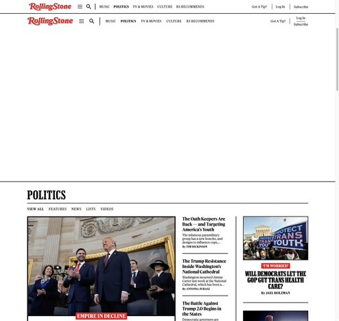 A screen capture of the same Rolling Stone Politics page on their website. After scrolling up, as the menu bar approaches the top of the page, a DUPLICATE menu bar pops down. There are now two menu bars. The content of the page appears as you scroll up. It’s been hiding off the bottom of the page.