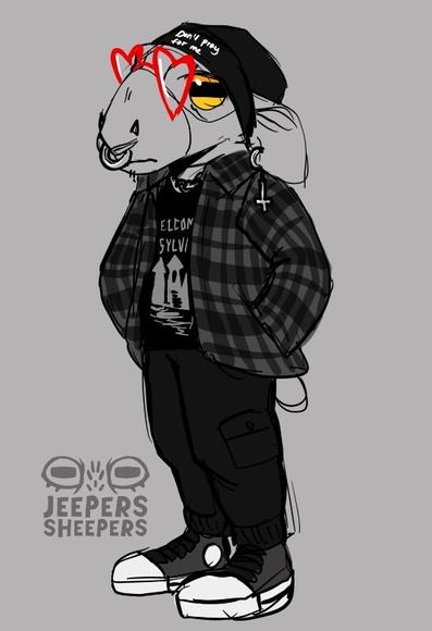An anthro sheep stands with its hands in its pockets. Its wearing  beanie that reads “dont pray for me,” black joggers, a grey plaid flannel, heart glasses and grey converses.