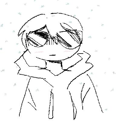 a drawing of dave strider with neutral expression wearing a hoodie and standing out in the snow while blushing slightly from the cold