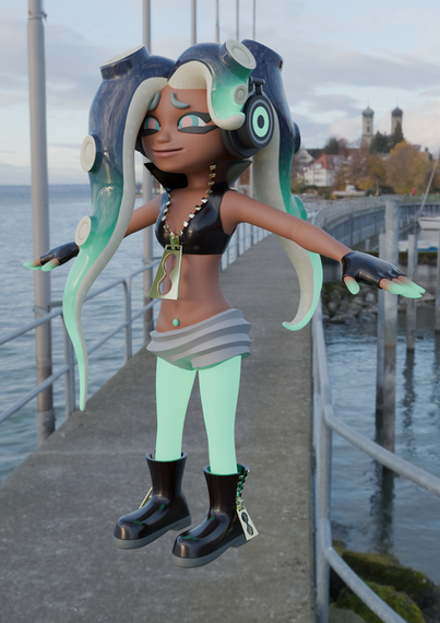 A 3D render of Marina from Splatoon 2.  She has purple and grey tentacles that end in glowing turquoise tips.  She's wearing a leather crop top with an oversized zipper in the middle, glowing green tentacles, leather fingerless gloves, leather boots, strange ridged shorts, and glowing turquoise leggings.  Her fingertips are also glowing turquoise.  She has light brown skin, and turquoise and pink eyes.  The background is a photo of a pier.