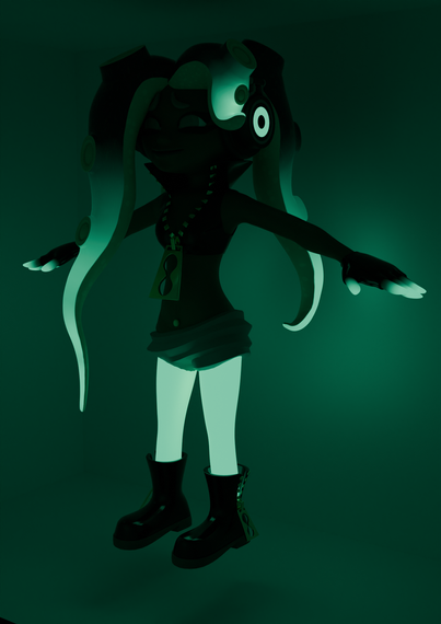 A 3D render of Marina from Splatoon 2 in a dark box, showing all of her glowing parts casting light on the surrounding room.  Most of her features are dark, other than the glowing tentacles, fingertips, headphones, and leggings.