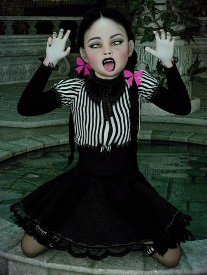 3D art of Wednesday Addams in a pretty gothic-lolita dress doing a plaful pose and ahegao-face.