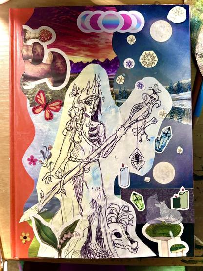 Book over displaying art with images of plants, fungi and insects on the left and on the right displays cold dark winter with images of crystals, snowflakes, and two wolves embracing as they sit on a mushroom. The center is a drawing of a women with a warm, flesh and healthy body on the left and her other side is a skeleton and decomposing body. She wears a toga and crown, with long hair and is holding a long staff with the top decorated with a skull and crawling on it is long spindle vines, a spider and a butterfly as well as a bone tied to the top end of it.