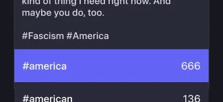 Screenshot of the Mastodon post form with a list of auto-complete suggestions for the tag “America.” The count for this hashtag is 666.