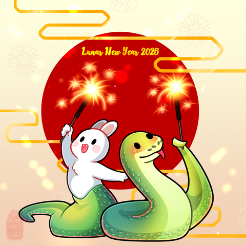 A bunnie snake and a snake in front of a red circle. Both holding small fireworks to celebrate the new lunar year