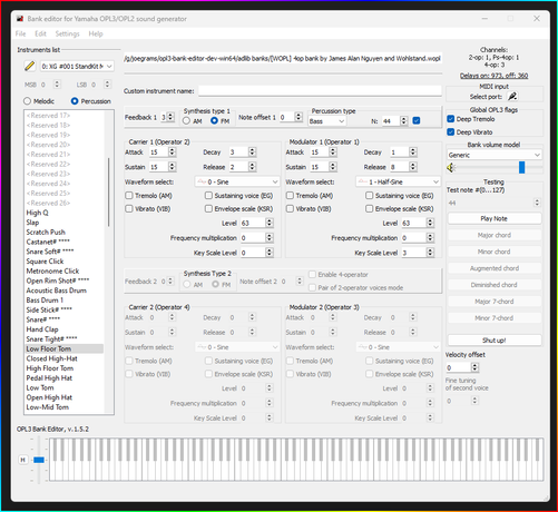 Screenshot: FM Bank Editor for Yamaha OPL3/OPL2 chip, Version 1.52
@ 2016-2025, Vitaly Novichkov "Wohlstand"
Licensed under GNU GPLv3
Source code available on GitHub:
https://github.com/Wohlstand/OPL3BankEditor
