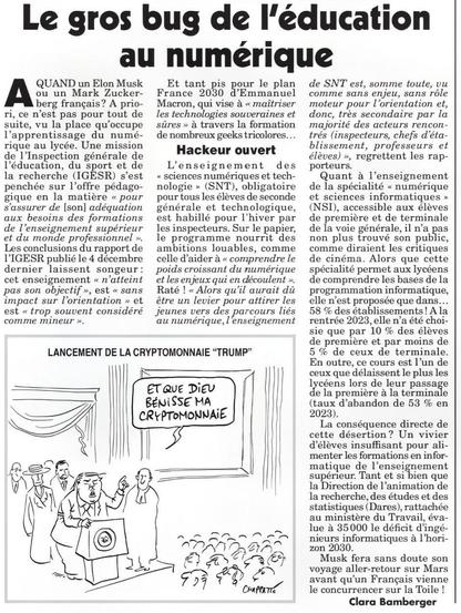 Article du canard enchainé, intitulé Le Gros Bug de l'Éducation au Numérique
