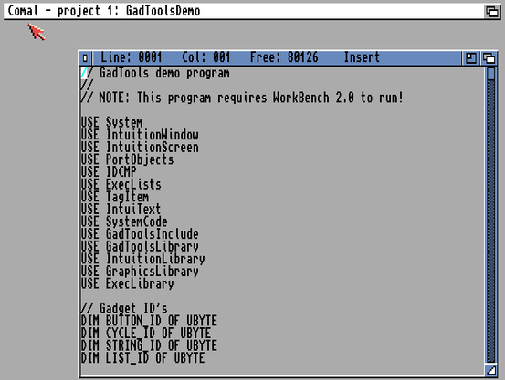 Comal development environment with its main window and a sample program loaded