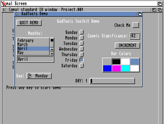 A GadTools demo executed directly from the Comal environment, it shows several gadgets in a standard window: very system friendly!