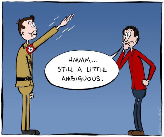 The comic shows Elon Musk wearing a Nazi uniform with a swastika on the arm, performing a clear "Heil Hitler" salute. Next to him is a man with a red shirt and blue pants saying "Hmm... Still a little ambiguous".