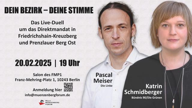 Flyer mit den Gesichtern von Pascal Meiser und Katrin Schmidtberger Dazu die Infos das die Veranstaltung am 20.02 im FMP 1 um 19 Uhr stattfindet