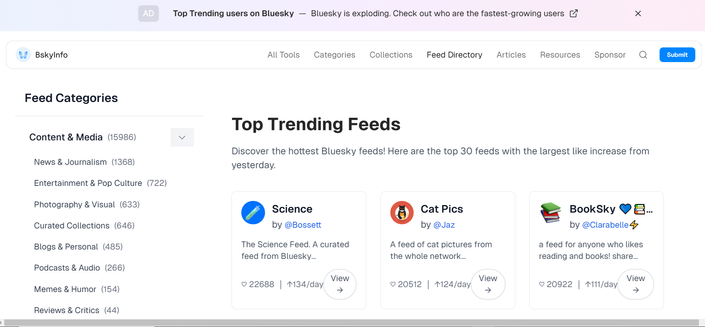 Screenshot of "Top Trending Feeds" on Bluesky,  and breakout on left side by "Feed Categories" subjects.