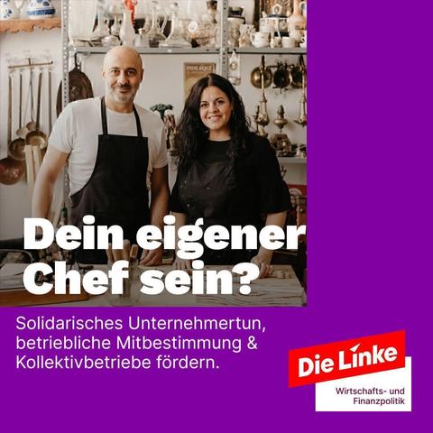 Zwei Personen in Arbeitskleidung stehen vor einem Holzbearbeitungswerkzeug bedeckten Werktisch. Im Hintergrund (Schwerlast-)Regale mit diversen Haushalts- und Eisenwaren. Überschrift: "Dein eigener Chef sein?", darunter: Solidarisches Unternehmertum, betriebliche Mitbestimmung und Kollektivbetriebe fördern. Logo: Die Linke. Wirtschafts- und Finanzpolitik