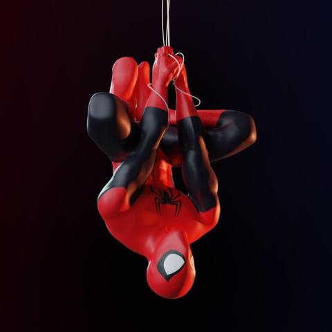 Another angle of a 3D sculpt of Spider-Man hanging upside-down from a web string.