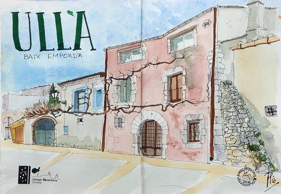 Dibujo de una calle del pueblo de Ullà hecho con pluma estilográfica y coloreado con acuarela.