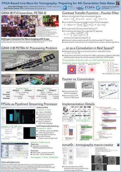 Das wissenschaftliche Poster beschreibt den Einsatz von FPGAs (Field Programmable Gate Arrays) in der Echtzeit-Tomographie und deren Vorbereitung auf die Datenvolumen der vierten Generation von Synchrotronstrahlungsquellen. Es wurde von der Universität Göttingen und DESY Photon Science entwickelt.

– FPGA Based Live-Reco for Tomography: Das Poster stellt dar, wie FPGAs verwendet werden, um die Datenverarbeitung in der Tomographie zu optimieren, insbesondere für das Göttingen Instrument for Nano-Imaging with X-Rays (GINIX) an den PETRA III und IV Strahlrohren.
– Contrast Transfer Function - Fourier Filter: Es wird erläutert, wie die Kontrastübertragungsfunktion mit Hilfe eines Fourier-Filters modelliert und als Faltung im Realraum implementiert wird. Hierbei werden Vorteile der FPGA-basierten Verarbeitung, wie schnelle Fourier-Transformationen und Realraumfaltungen, diskutiert.
– Fourier vs. Convolution: Vergleich der Methoden in Bezug auf die Bildrekonstruktion und Datenverarbeitungseffizienz.
– GINIX II @ PETRA IV: Processing Problem: Ein Abschnitt des Posters befasst sich mit den Herausforderungen der Datenverarbeitung bei hochauflösender Nano-Bildgebung, wobei Lösungsansätze über FPGAs aufgezeigt werden.
– FPGAs as Pipelined Streaming Processor: Hier wird die Überlegenheit von FPGAs gegenüber traditionellen CPUs hervorgehoben, insbesondere hinsichtlich ihrer Programmierbarkeit und Fähigkeit zur Verarbeitung von Streaming-Daten.

[ChatGPT 4o]