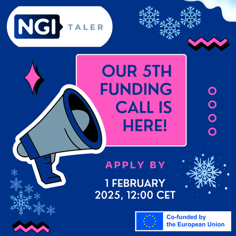 A digital graphic design announces the 5th funding call for NGI TALER. The background is dark blue with decorative snowflakes and abstract shapes. A large pink box contains bold text that reads: "OUR 5TH FUNDING CALL IS HERE!" Below, it states: "APPLY BY 1 FEBRUARY 2025, 12:00 CET." To the left, there is a prominent megaphone illustration. At the bottom right, a blue and yellow logo indicates the project is "Co-funded by the European Union." The overall design is vibrant, combining a winter theme with modern graphics.