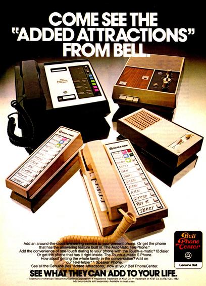 A retro advertisement from Bell showcasing a variety of telecommunication devices, including the AutoMatic TelePhone, Touch-a-Matic 12 dialer, and TeleHelper Speaker Phone. The devices feature one-touch dialing, answering services, and speakerphone capabilities. The ad highlights how these products enhance communication convenience. The image includes vintage phones with wood and beige finishes alongside bright labels for saved contacts