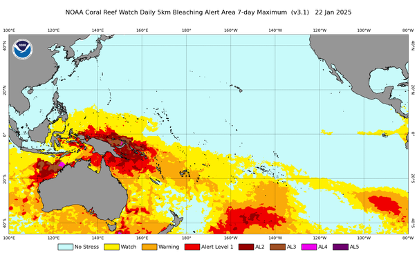 image downloaded from NOAA website, showing high coral reef bleaching risk in the Pacific