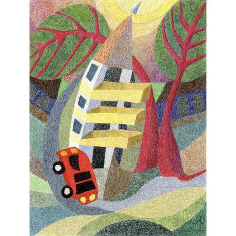 Abstract colored pencil drawing with a kind of apartment building and two large trees. There is a striking red car in front of the building.