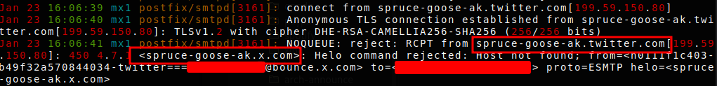 The picture shows a screenshot of a Postfix mail log. It shows that a connection from "spruce-goose-ak.twitter.com" is established. But, the mail gets bounces since the host used in the Helo-message "spruce-goose-ak.x.com" cannot be resolved.