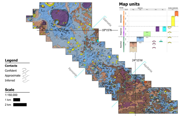The map of rock units and correlation of map units. The 1:150,000 scale map of bedrock units from the main map and the correlation of map units (Skinner et al., 2022). The timing of events is drawn from the contextual geological literature and the timing of other events in the region. Coloured bars represent the time in which these events are likely to have occurred, and not representative to their duration. We have not derived impact crater size frequency distribution model ages of for map units because, following the discussion in Sun and Stack (2020), these techniques is not an appropriate technique for units of this size and in this complex state of erosion/exhumation (e.g. Warner et al., 2015).