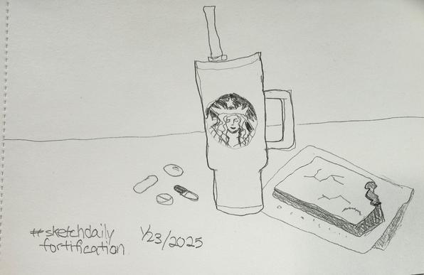 Pencil sketch of vitamin capsules & pills, a Starbucks type travel coffee cup and a brownie on a napkin with a bite taken out of it.