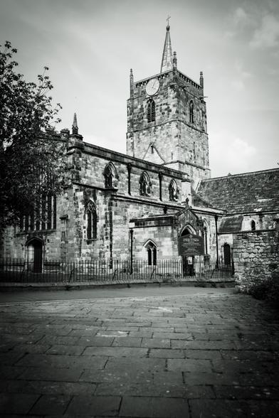 Black and white photo of a church.