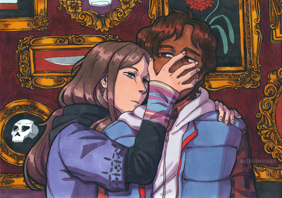 a scan of a traditional drawing done with ohuhu alcohol markers. it's a drawing of akane and junpei from the 999 game / zero escape series. junpei is depicted in an unsettling way in akane's hold, one of her arms around his back, hand resting on his shoulder, the other hand over his face, akane leaning close. junpei's expression defeated or forlorn, while akane's looks grim. thin black lines weave spirals and waves over a maroon background, with various paintings of different sizes and shapes hanging like on a wall. the paintings are extremely simple, but with very detailed golden-coloured frames. the overall atmosphere of the drawing is a sombre one.