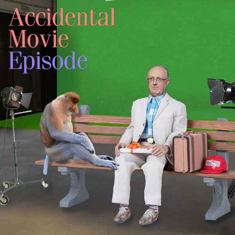 Image of Dean Burnett's head on the body of Forest Gump, in his signature white suit and blue checked shirt, holding a box of chocolates, sat on the trademark bench.
Sat next to him is a forlorn looking proboscis monkey, and the whole thing is in front of a movie green screen. The image has a surprisingly despondent air about it.
The words 'Accidental movie episode' appear in the top left of the image.