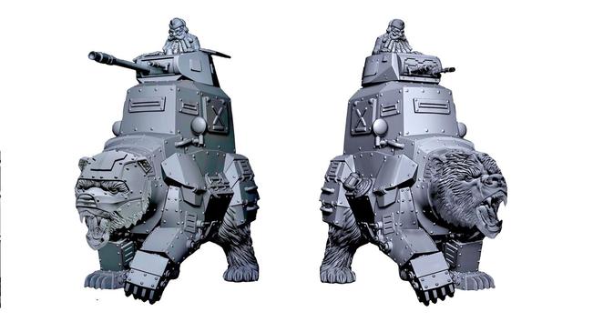 Two miniature armored war-beasts with stout legs and sharp, angular armor plating. They have turret-like structures on top, resembling tanks.