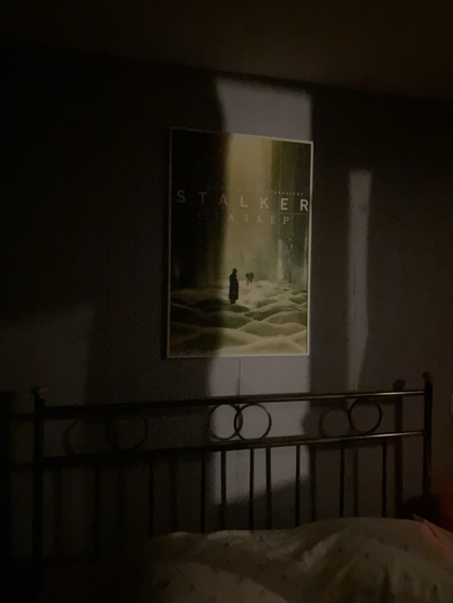 gallery light shines in bedroom on wall with movie poster above bed
