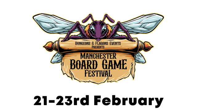 Logo with wings and dice, reading "Manchester Board Game Festival" on a wooden sign, dated 21-23rd February.