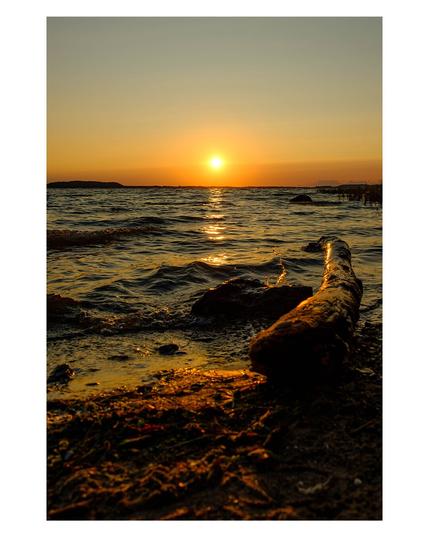 Foto im Hochformat. Blick aufs Meer kurz vor Sonnenuntergang. Auf dem Wasser sind kleine Wellen, im Vordergrund ist ein Teil vom Strand. Auf diesem liegt ein dicker Ast, halb im Wasser. Genau mittig ist die untergehende Sonne am Horizont. Sie spiegelt sich in einem Streifen auf dem Meer, der Richtung Kamera geht. Der Himmel ist klar, am Horizont rötlich, weiter oben wird er blau.