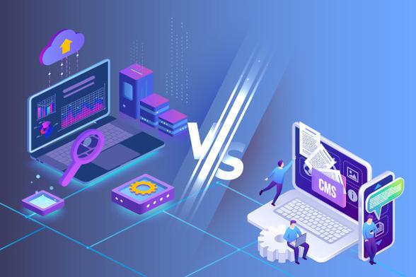 Two floating laptops are separated by the word "versus," representing the blog topic of Headless CMS vs. Traditional CMS.
