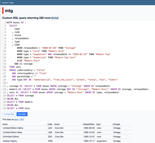 Screenshot of a database tool with a long SQL query related to Magic: The Gathering