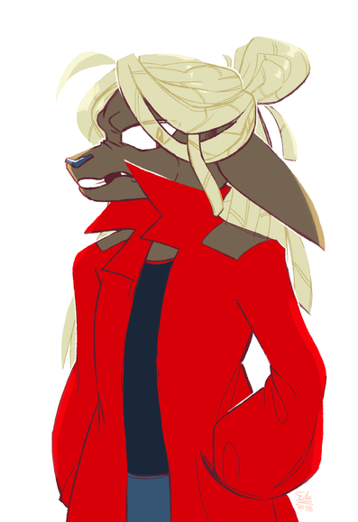 An anthropomorphic deer with brown fur and blonde dreads. She's wearing a long bright red jacket with a black shirt underneath. She's baring her teeth at the camera.