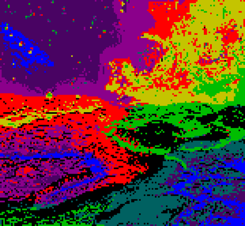 Pixel scene showing a multicolor landscape with an explosion in the background, set against a purple space backdrop. Only the primary colors red, green, blue, cyan, yellow, and magenta are used, along with black.