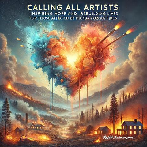 Campaign image featuring 'Calling All Artists - Inspiring Hope and Rebuilding Lives for Those Affected by the California Fires,' with a vibrant heart-shaped palette, glowing embers, and California landscapes transitioning from fire to renewal.