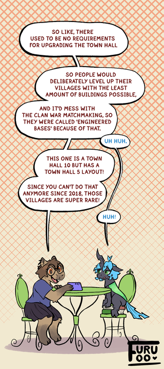 A long vertical strip with Liz, my anthro capybara fursona, excitedly explaining a concept from the mobile game Clash of Clans to her girlfriend, Amy, who is a changeling from MLP. The two of them are seated in a garden table and chair, with Liz showing her phone to Amy, who looks slightly disinterested. The dialogue reads:   "So like, there used to be no requirements for upgrading the Town Hall." "So people would deliberately level up their villages with the least amount of buildings possible," "and it'd mess with clan war matchmaking so they were called 'Engineered Bases' because of that."  "Uh huh", Amy replies.  "This one is a town hall 10 but has a town hall 5 layout!" "Since you can't do that anymore since 2018 those villages are super rare!"  "Huh!" Amy says, feigning interest.